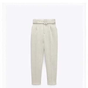 Zara High-Rise Pleated Eoman’s  Pants with Belt in Light Cream